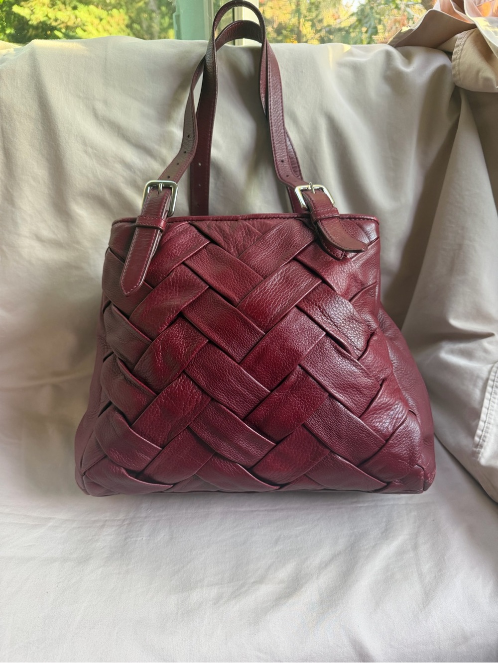 Cole Haan Cranberry Woven Leather Basket Weave Tote Shoulder Bag Burgundy